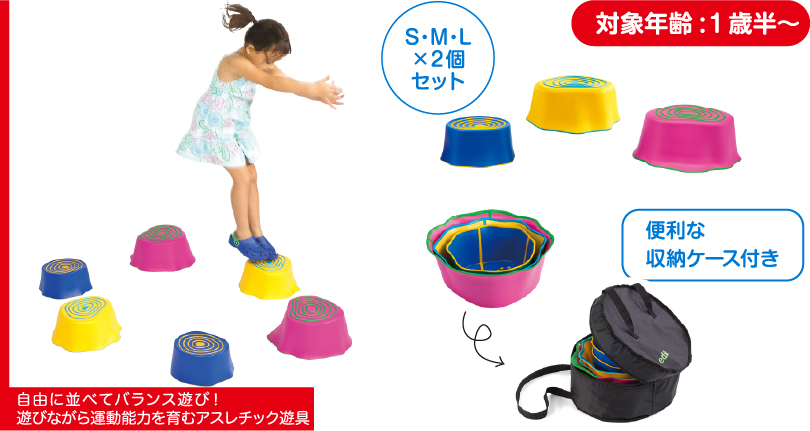 きりかぶでステップ＆バランスは、３つのサイズの切り株を並べて飛び移ったりして遊ぶ遊具です
