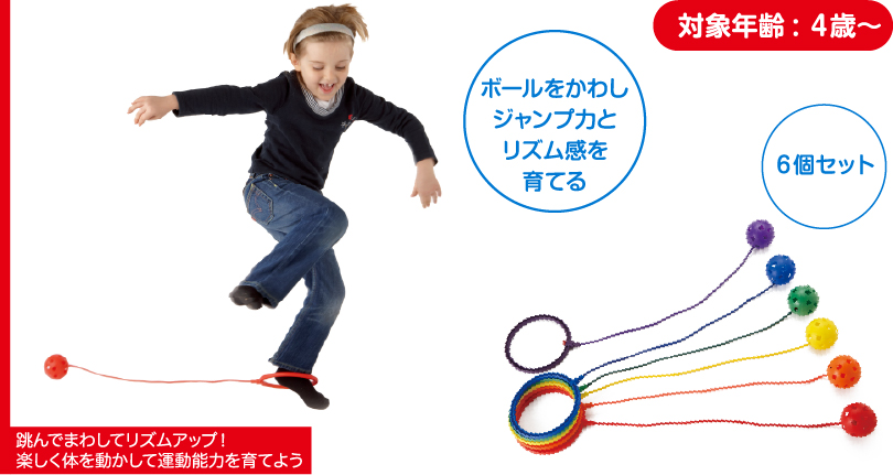 くるくるアンクルフープは、足首に付けた輪っかから伸びたロープをくるくる回し、先についているボールをうまくかわして遊ぶ遊具です